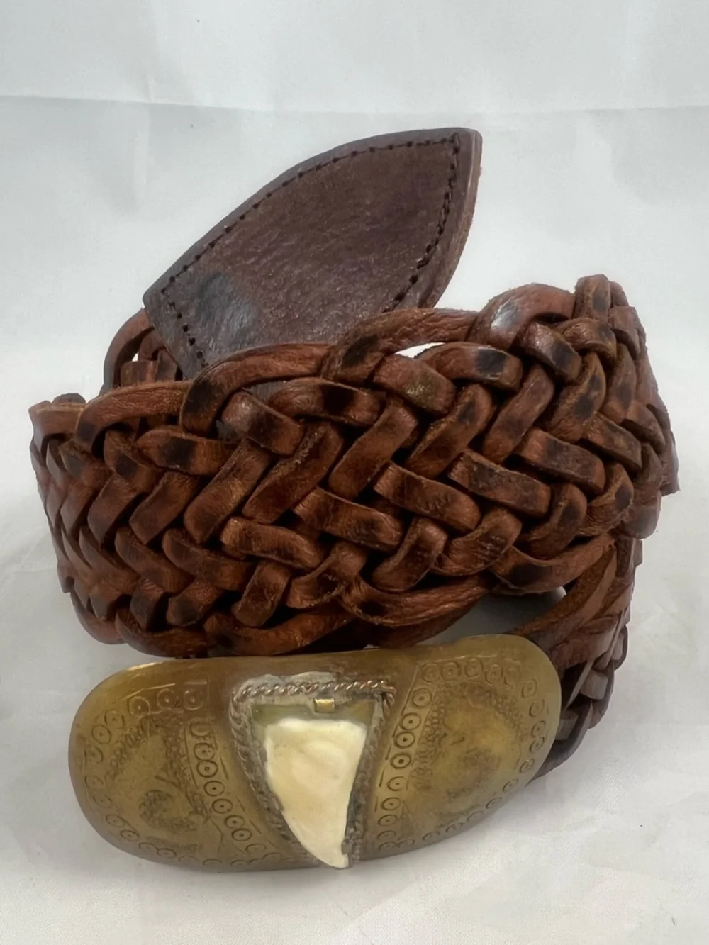 Chicos Moroccan Woven Brown Leather Belt Hammered Metal Buckle Size S/M Boho
